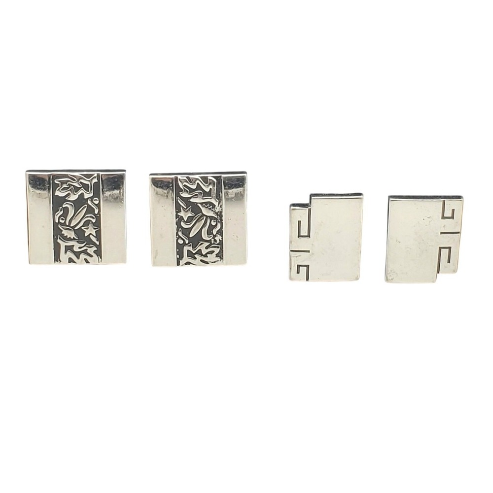 Swank Cufflinks Silver Tone & Black Enamel Engraved Modernist Greek Key Vintage